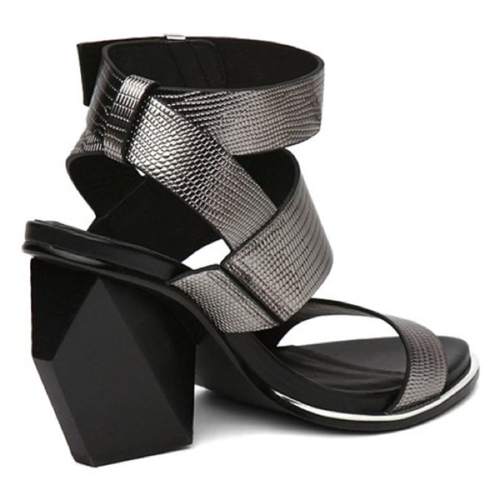 Gunmetal Triple Strap Geometric Block Heels